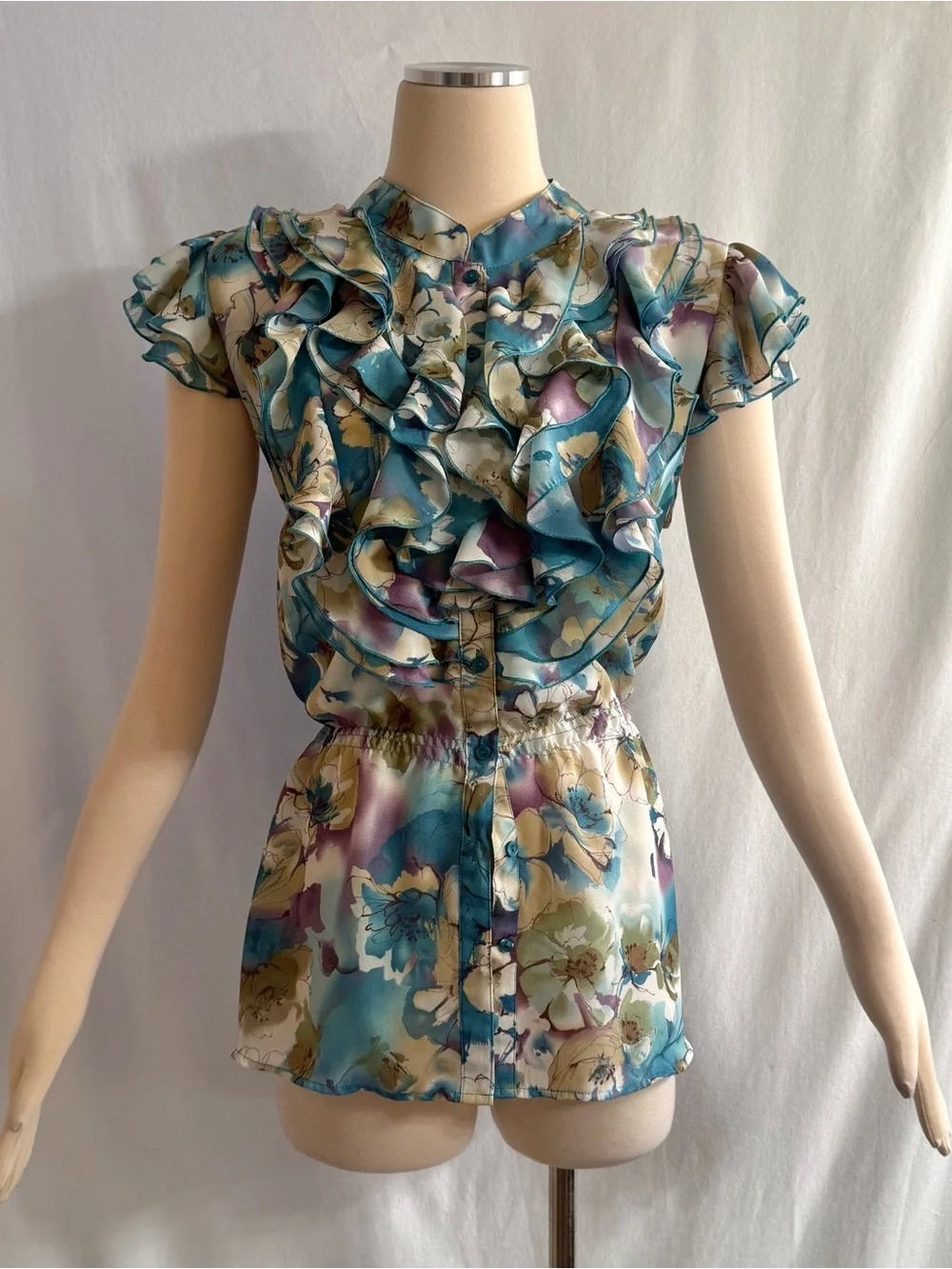 Y2K Floral Watercolor Ruffle Blouse